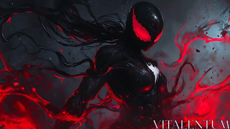 Symbiotic humanoid figure stands amid red flowing energy