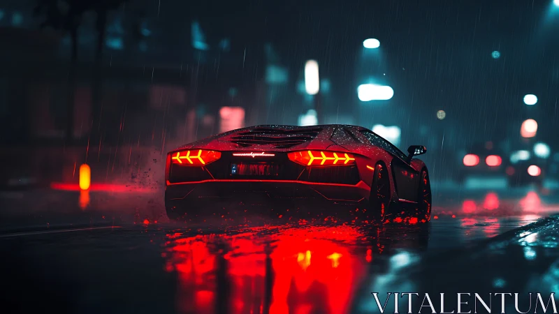 Rear hypercar in neon rain, high-contrast bokeh night rendering