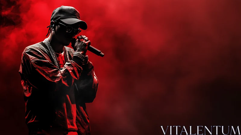 Rapper holds microphone under intense red stage lighting