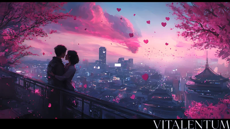 Couple Silhouette Against Pink Cityscape.