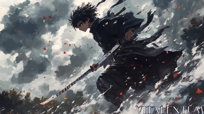 Dynamic anime swordsman crossing stormy battlefield in motion