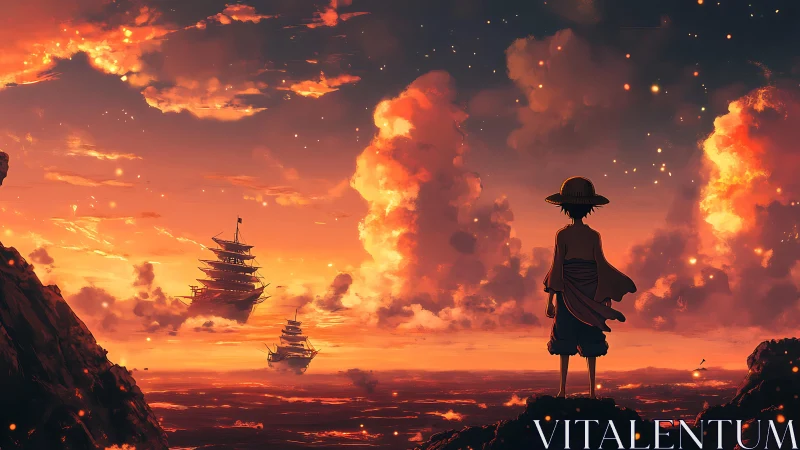 Boy in straw hat watching ships at vivid sunset sea.
