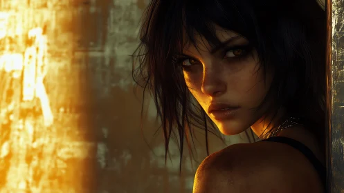 Backlit portrait of intense woman in golden urban light.