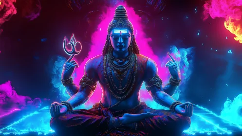 Divine meditative figure in vivid neon cosmic environment.