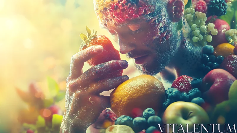 Man surrounded by colorful fruit in dreamy soft light.