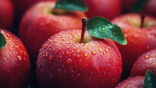 Close-up of fresh red apples covered in water droplets.