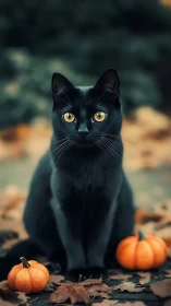 Black Cat with Golden Eyes and Autumn Pumpkins.