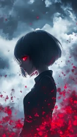 Mystical girl with glowing red eyes stands in swirling petals