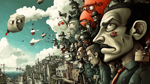 Crowded surreal cityscape shows distorted faces and flying heads