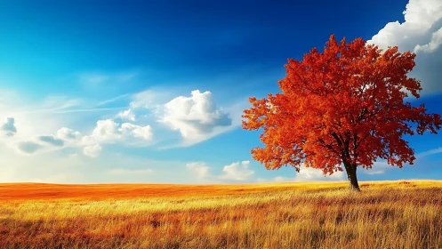 Solitary deciduous tree in autumn field under open sky.
