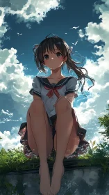 Summer sky daydream with a quiet schoolgirl on a ledge.