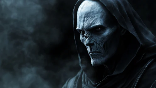 Hooded skeletal figure stares ahead in dark smoky scene