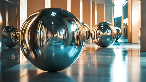 Mirrored orbs drift through a luminous hallway of echoes.