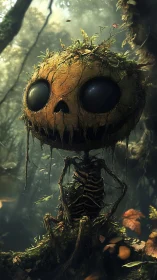 Pumpkin-eyed forest warden perched in mossy twilight.
