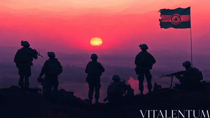 Sunrise sentinels beneath a glowing tricolor sky of resolve.