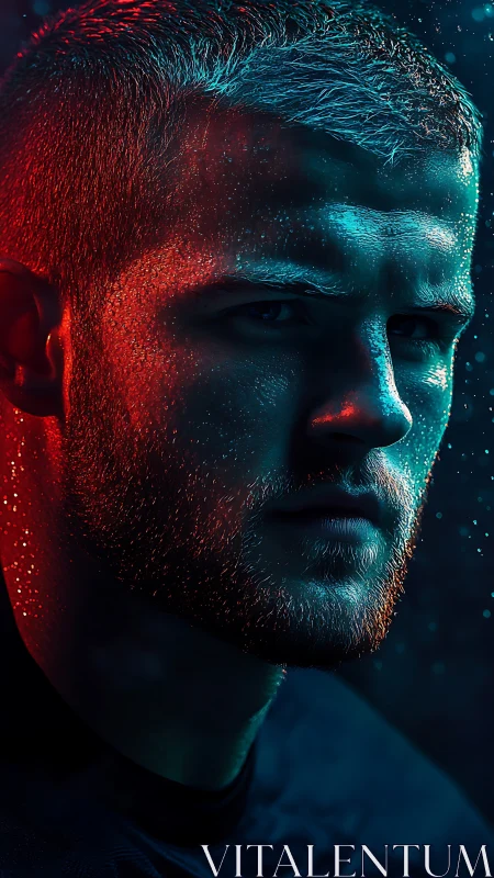 Neon-lit male portrait with intense cinematic profile lighting.