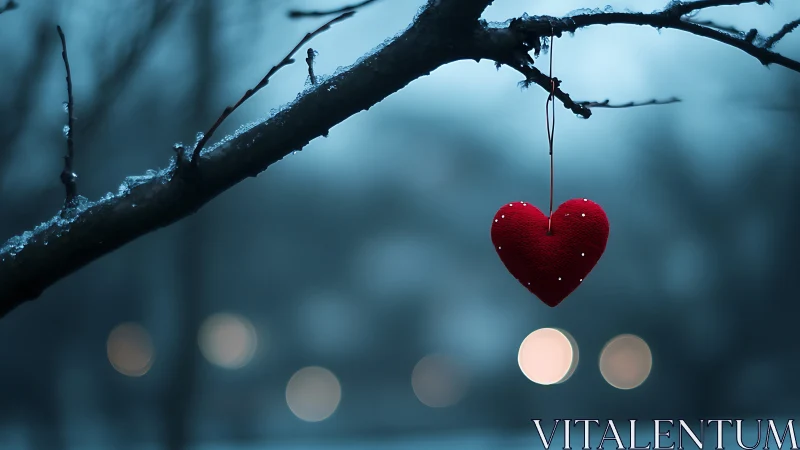 Red heart ornament suspended from frost-covered branch.