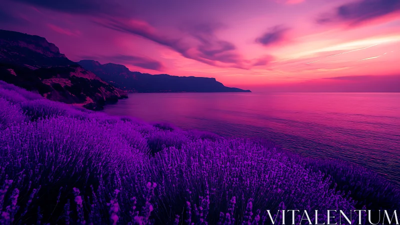 Violet coastal lavender field under magenta cinematic sunset sky