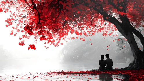 Love Under Crimson Branches: A Moment by the Water.