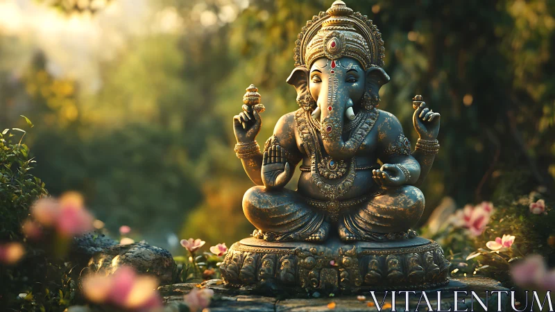 Ganesh statue in outdoor garden setting at sunrise.