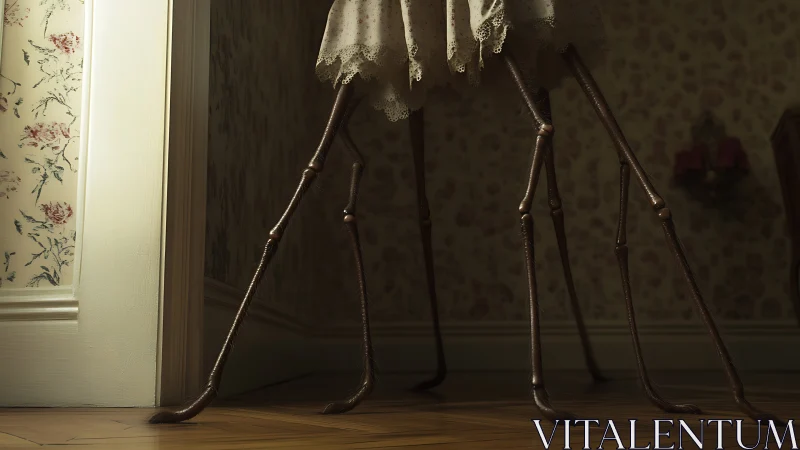 Lace dress creature with multiple thin legs in hallway.