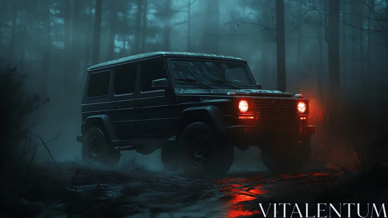 Off-road SUV cuts through misty forest with crimson lights.