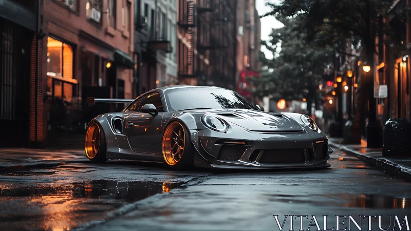 Widebody silver sports coupe with bronze rims on wet street.