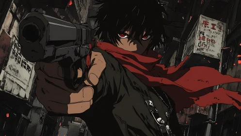 Red-scarfed gunman in dark alleyway standoff scene.