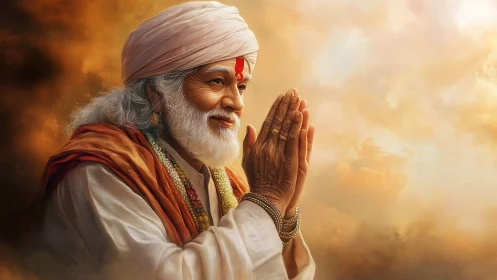 Elderly man in traditional attire folds hands in greeting