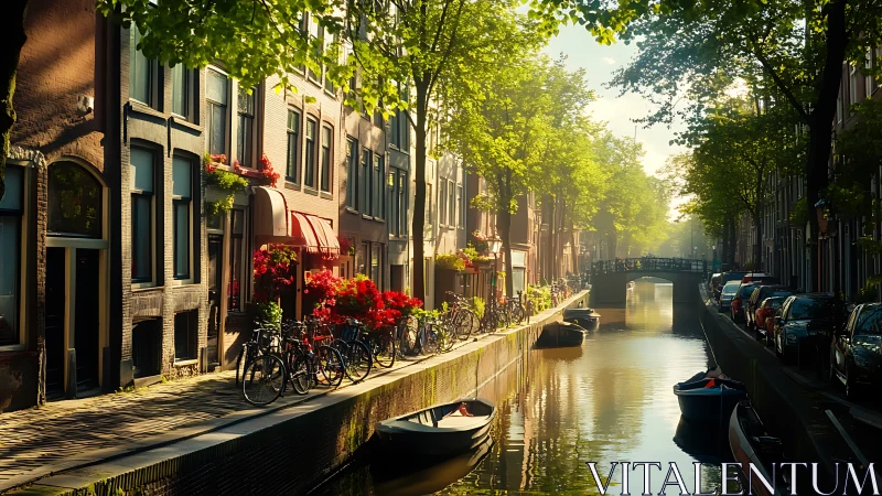 Tree lined canal street with bicycles and moored boats.