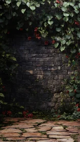 Secret stone garden wall tangled in crimson climbing dreams.