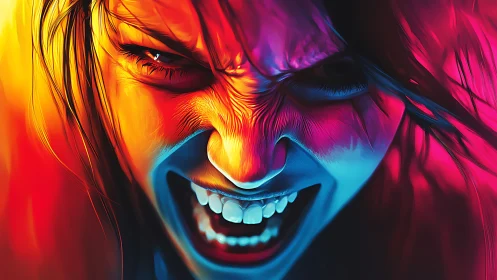 Neon rage portrait explodes with intense dual lighting.