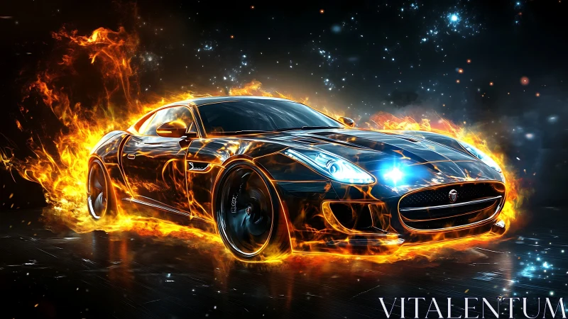 Flaming sports car races through cosmic night highway