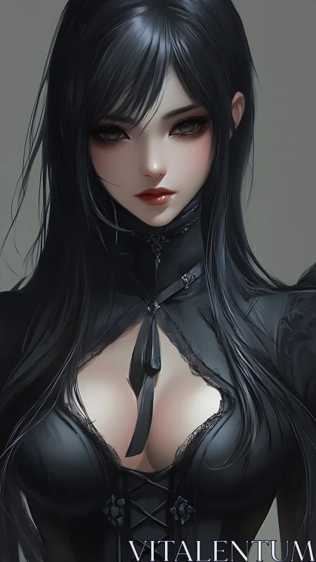 Dark-haired gothic woman in black corset dress portrait.