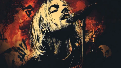 Grunge style illustration of rock vocalist at microphone.