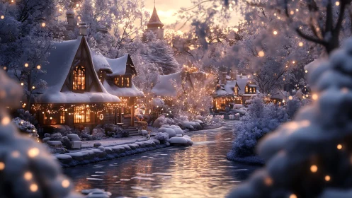Snowy riverside cottages with warm evening lights.
