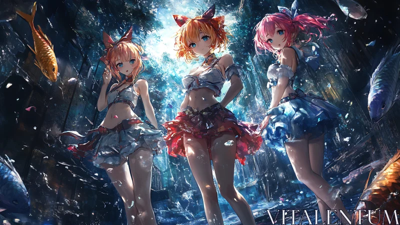 Triad of anime idols in luminous underwater alley.