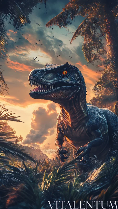 Predatory dinosaur stalks lush jungle under burning sunset sky