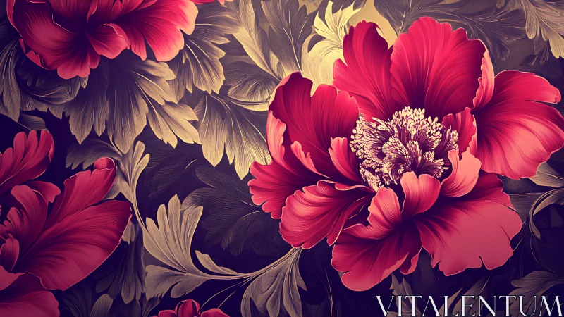 Red Peonies Against Dark Background. Digital Botanical.