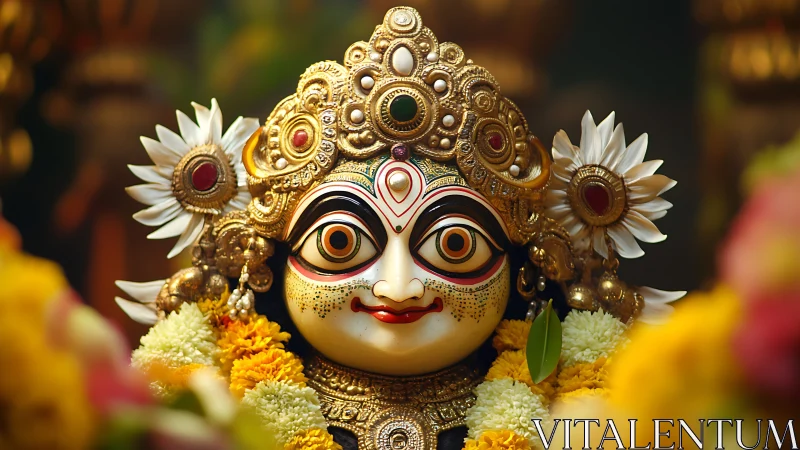 Ornate Hindu deity idol with gold crown and flowers.
