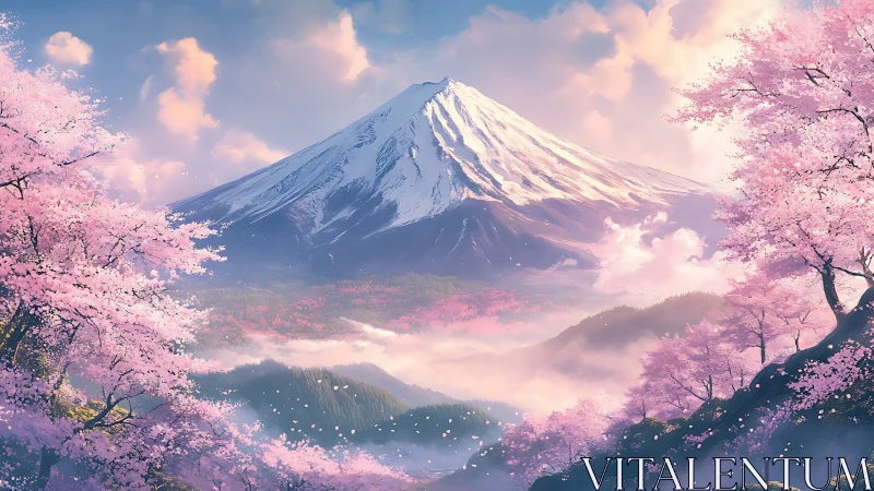 Gentle cherry blossom valley embracing a serene snow peak.