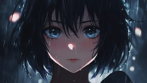Rain-soaked anime portrait applies rim lighting and bokeh depth cues