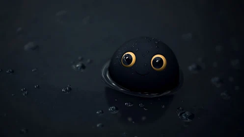 Midnight droplet creature smiles softly through glossy rain