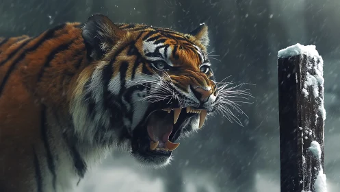 Winter storm roar of a snow-dusted tiger mid-charge.