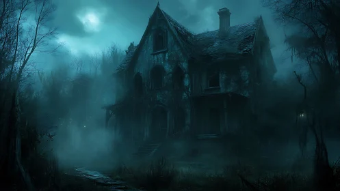 Moonlit abandoned mansion looms through fog in dense forest