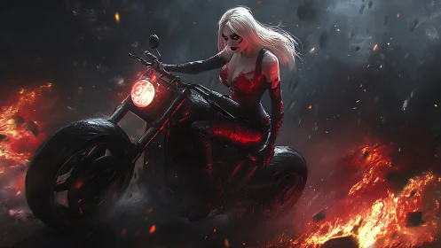 Fierce rider in red racing through blazing night streets.