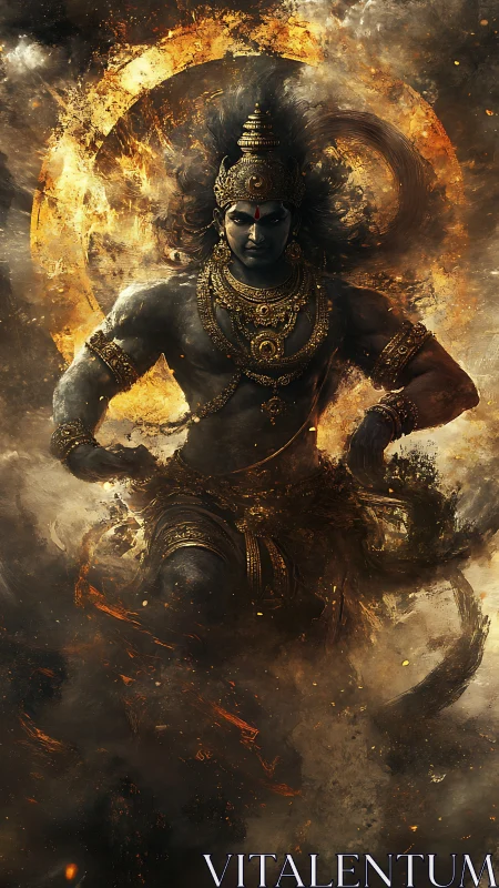 Fiery celestial dancer strides through swirling cosmic smoke.