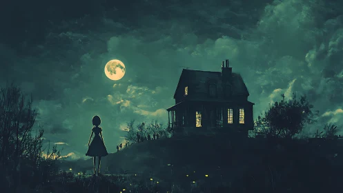 Moonlit silhouette before isolated Victorian hill house at night