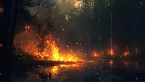 Forest Fire at Twilight with Reflected Flames.