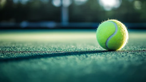Tennis ball resting on sunlit hard court in close focus.